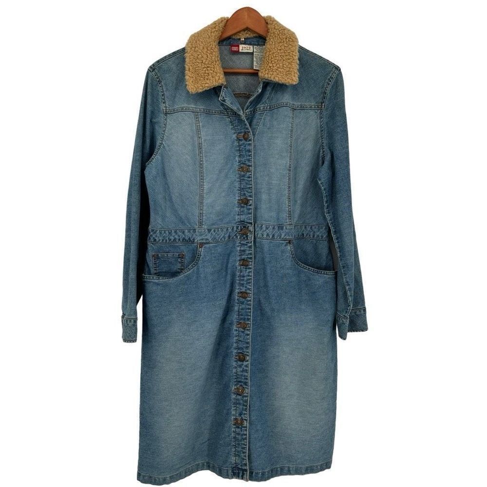 Faded Glory Blue Denim Trench Coat with Tan Collar